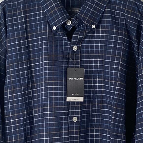 Van Heusen Dress Shirt Men's 2XLB Blue Flannel Plaid Long Sleeve Button Up NEW - Picture 3 of 7